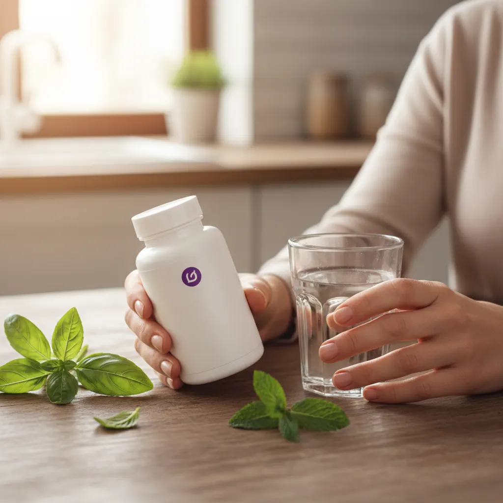 Osanix voedingssupplement innemen - handen met fles en glas water